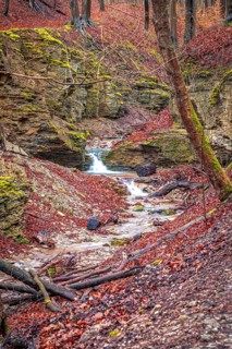 Waterfall in the Rautal forest in Jena in winter, Jena, Thuringia, Germany, Europe