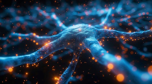 Digital representation of a neural network handshake, symbolizing connection and communication, ai