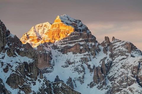 Mountain peak at sunrise, winter, snow, Tofana, Dolomites, Belluno, Italy, Europe