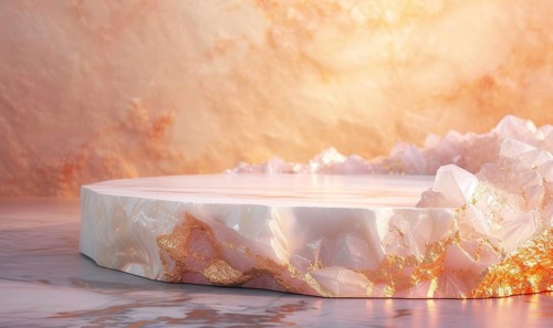 Abstract background with marble podium and rose quartz, minimal scene for product display AI