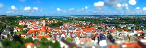 Aerial view of Dingolfing with a view of the historic town centre. Dingolfing, Lower Bavaria,