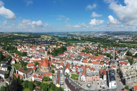 Aerial view of Dingolfing with a view of the historic town centre. Dingolfing, Lower Bavaria,