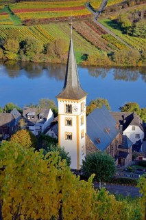 View of the St Laurentius Church from the wine village of Bremm am Calmont, Moselle,