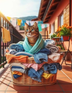 A real cat sits cozily among towels in a laundry basket on a balcony, AI generated