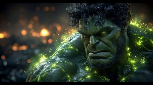 Brooding Hulk radiating green energy with dynamic light effects around him, AI generated