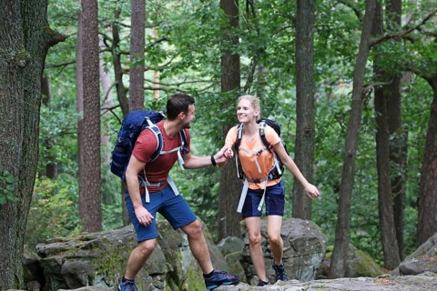 Symbolic image: Young couple hiking in the Palatinate Forest, here on the fifth stage of the