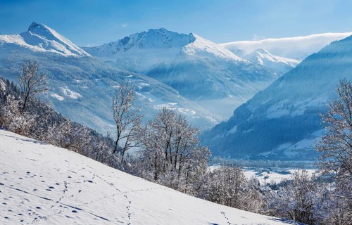 Winter panorama of the valley from the Gasteiner Hoehenweg with Graukogel 2492m in the Ankogel