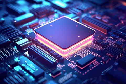 Close-up of a computer processor chip CPU on a motherboard with glowing neon lights. The chip is