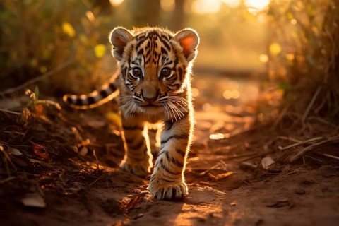 Baby tiger cub walking in jungle forest with confidence during the golden hour, AI generated