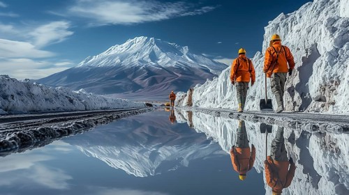 Lithium mining in a white salt lake in South America, AI generated