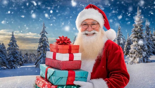 AI generated, man, 70+, Father Christmas, red coat, backpack, full beard, winter, snow, ice, fir