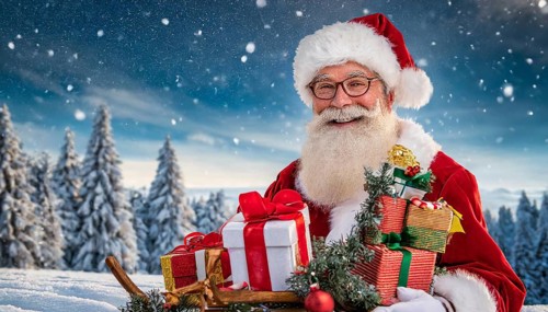 AI generated, man, 70+, Father Christmas, red coat, backpack, full beard, winter, snow, ice, fir