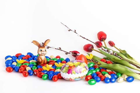 A collection of colourful chocolate eggs and an Easter bunny next to tulips and palm catkins, white