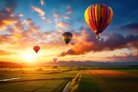 A colorful hot air balloons floats in sky over a blooming field meadow of flowers landscape at