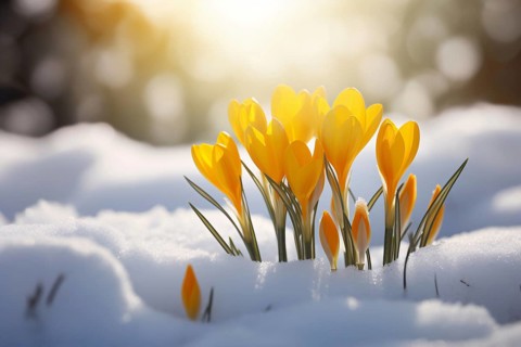 Yellow tulip crocus flowers in snow. KI generiert, generiert AI generated