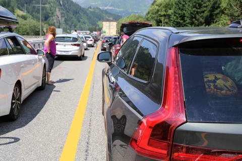 Traffic jam in front of the Gotthard tunnel due to an accident in the tunnel (Switzerland,