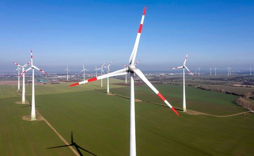 Windmills in a wind farm, Nauen, 03/03/2021