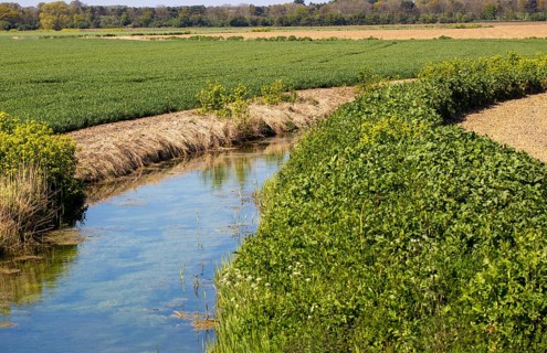 Water in drainage ditch channel through arable farmland, Hollesley, Suffolk, England, UK