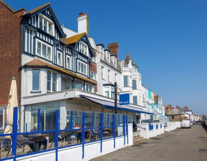 Brudenell Hotel and historic seafront houses, Aldeburgh, Suffolk, England, UK