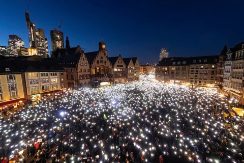 Around 20, 000 people gathered on the Roemerberg in Frankfurt am Main on 5 February 2024 to