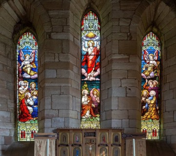 Stained glass east window church of Saint Mary the Virgin, Holy Island, Lindisfarne,