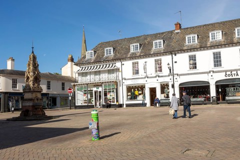 Historic buildings in the town Market Square, Saffron Walden, Essex, England, UK