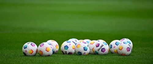 Adidas Derbystar match balls on the pitch, WWK Arena, Augsburg, Bavaria, Germany, Europe