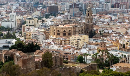 Cityscape view go high density buildings in city centre of Malaga, Spain including the cathedral