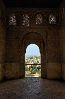 Palacio de Generalife, view through window, door with round arch, Mirador del Patio de la Acequia,