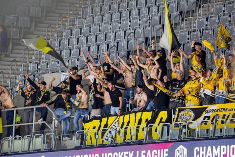 Ice hockey fans of the Rouen Dragons France celebrate a goal of their team in the SAP Arena