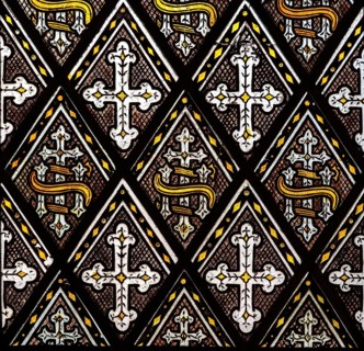 Stained glass windows 1862 ornamental IHS tracery pattern James Powell and Sons, Beechingstoke