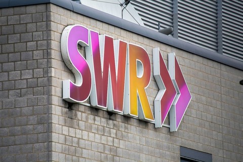 Close-up of the SWR logo on the Funkthaus at Fort Gonsenheim in Mainz