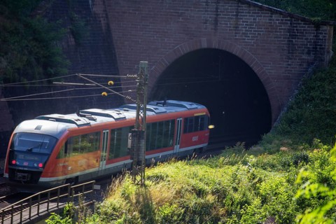 A local train operated by Verkehrsbetriebe Rhein-Neckar (VRN) in the Palatinate Forest between