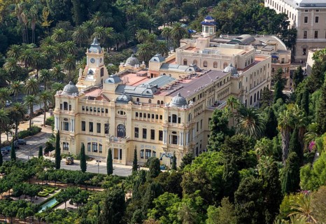 View over city hall Ayuntamiento building in city centre, Malaga, Andalusia, Spain built 1919