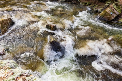 Severe frost has formed bizarre ice formations in the riverbed of the Gottleuba, Bergieshuebel,