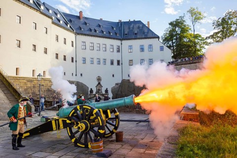 Koenigstein Fortress in Saxon Switzerland. A cannon belonging to the Koenigstein Fortress, built in