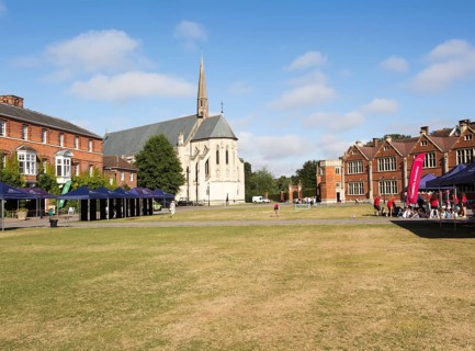 Historic buildings in court of Marlborough College school, Marlborough, Wiltshire, England, UK