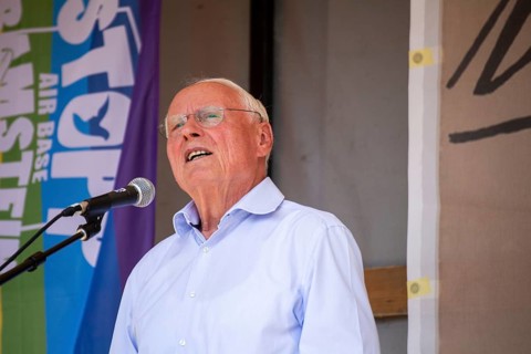 Oskar Lafontaine speaks at the peace demonstration in front of Ramstein Air Base against war and