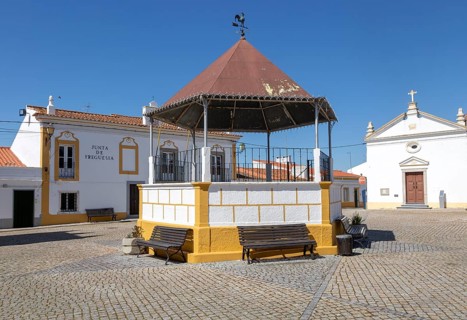 Bandstand and local government office in village square of Pavia, Alentejo, Portugal, Southern