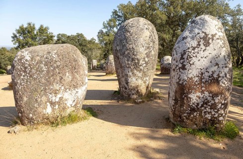 Neolothic stone circle of granite boulders, Cromeleque dos Almendres, Evora district, Alentejo,