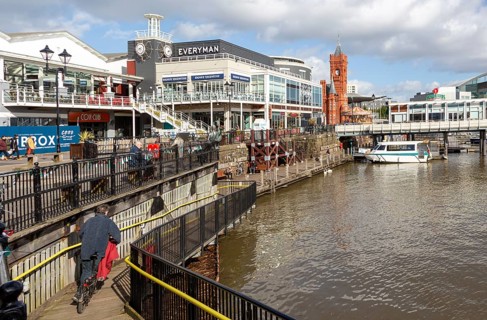 Leisure buildings and restaurants Cardiff Bay redevelopment at Mermaid Quay, Cardiff, South Wales,