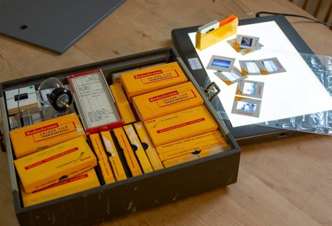 Yellow films storage boxes holding Kodachrome vintage transparency slides dating from 1960s with
