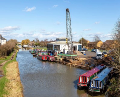 Narrowboats and crane, ABC Leisure Group boatyard, Kennet and Avon canal, Hilperton marina,