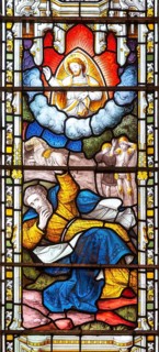 Stained glass window East Bergholt church, Suffolk, England, UK, biblical scenes c 1865 by Lavers,