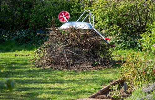 Pile garden waste held down by metal wheelbarrow, collections suspended due to Coronavirus Covid