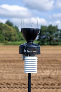 Sencrop Raincrop V14 agricultural weather station equipment in farm field, Sutton, Suffolk,