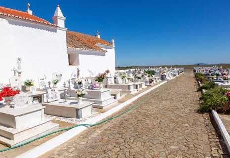 Rural catholic church and cemetery Igreja Santa Barbara de Padroes, near Castro Verde, Baixo
