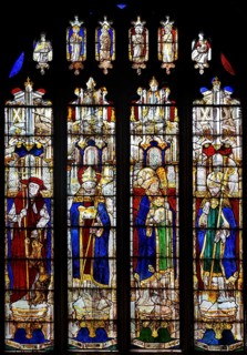 Sixteenth century stained glass window 13, Fairford, Gloucestershire, England, UK Saints Jerome,