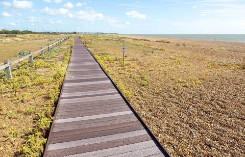 Boardwalk crossing shingle beach habitat at Landguard Point, Felixstowe, Suffolk, England, UK