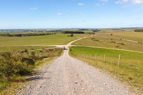 Unsurfaced track roads chalk upland landscape looking north-west, from Sidbury Hill, Salisbury